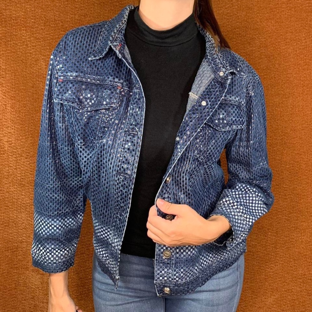 Y2K EckoRed Streetwear Cotton Blend Shiny Checkered Denim Jacket, Size L.